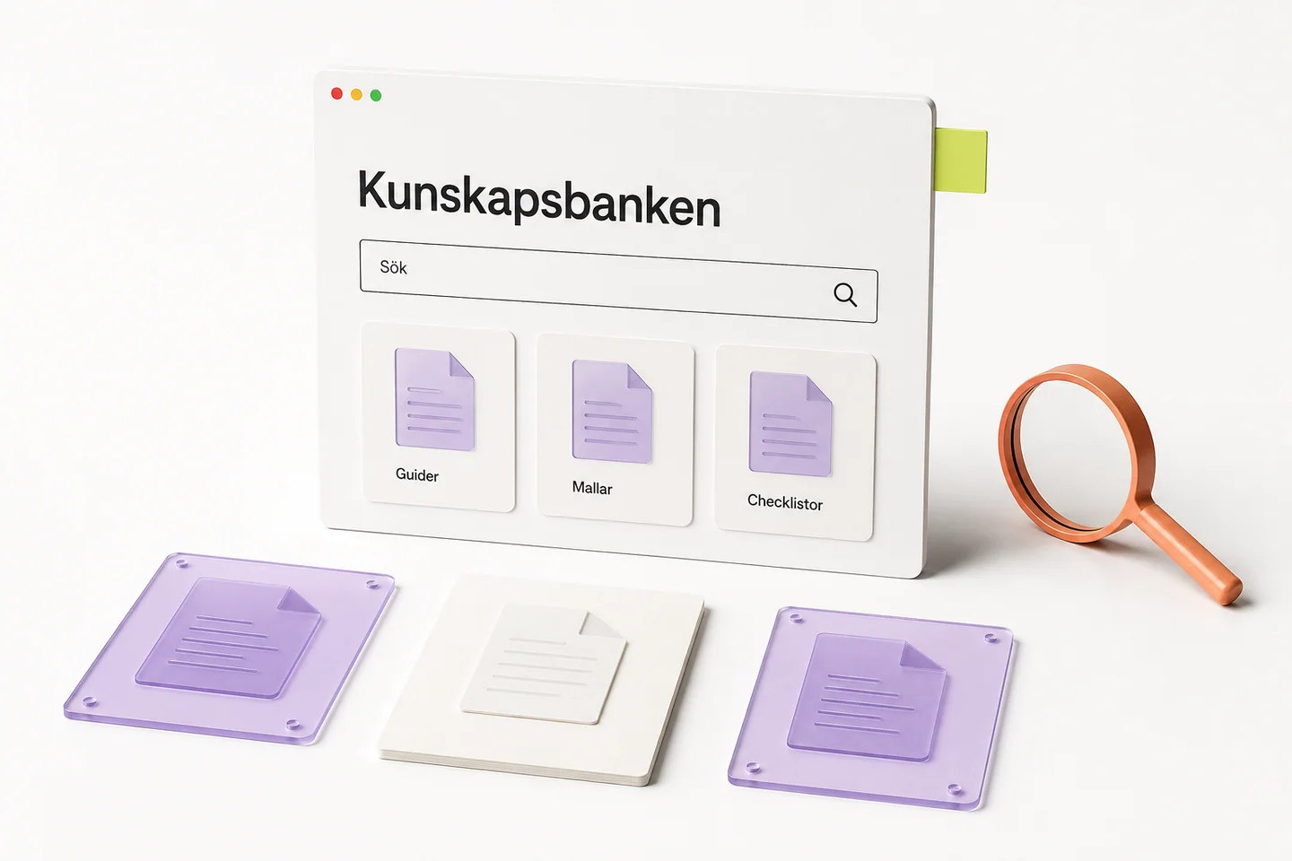 Illustrerad kunskapstjänst med guider, mallar och sökning.